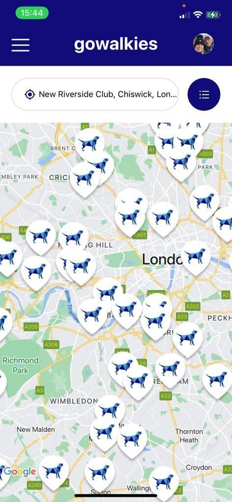 A map displaying all dog-walking services in London.
