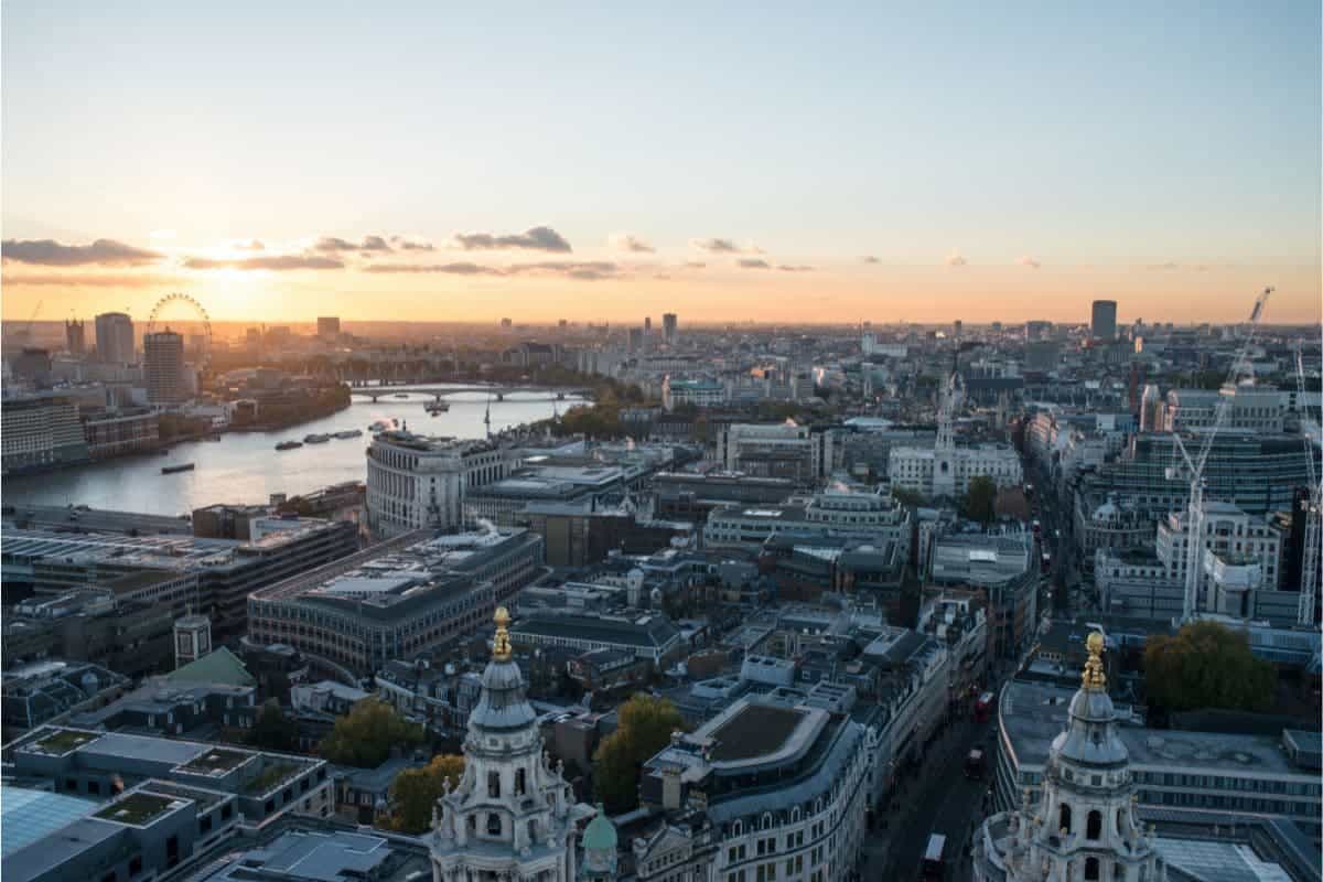 An aerial view of London areas we cover at sunset.