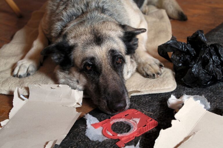 A dog laying on top of a piece of paper after returning from its exercise.