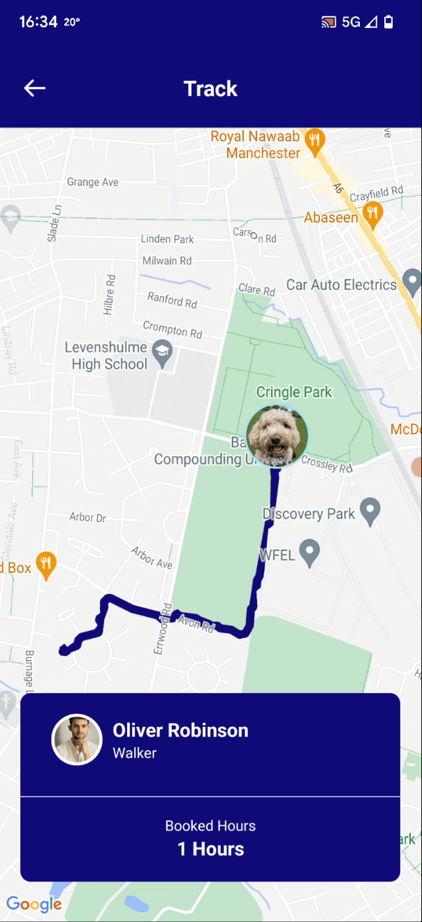 A map showing the location of a dog on a phone, tailored for walkers.