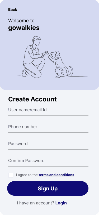 The account creation screen on the GoWalkies app