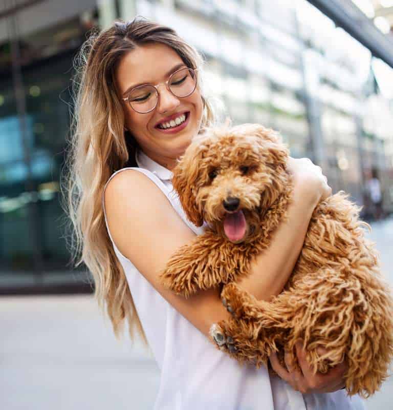 A woman holding a brown poodle in her arms