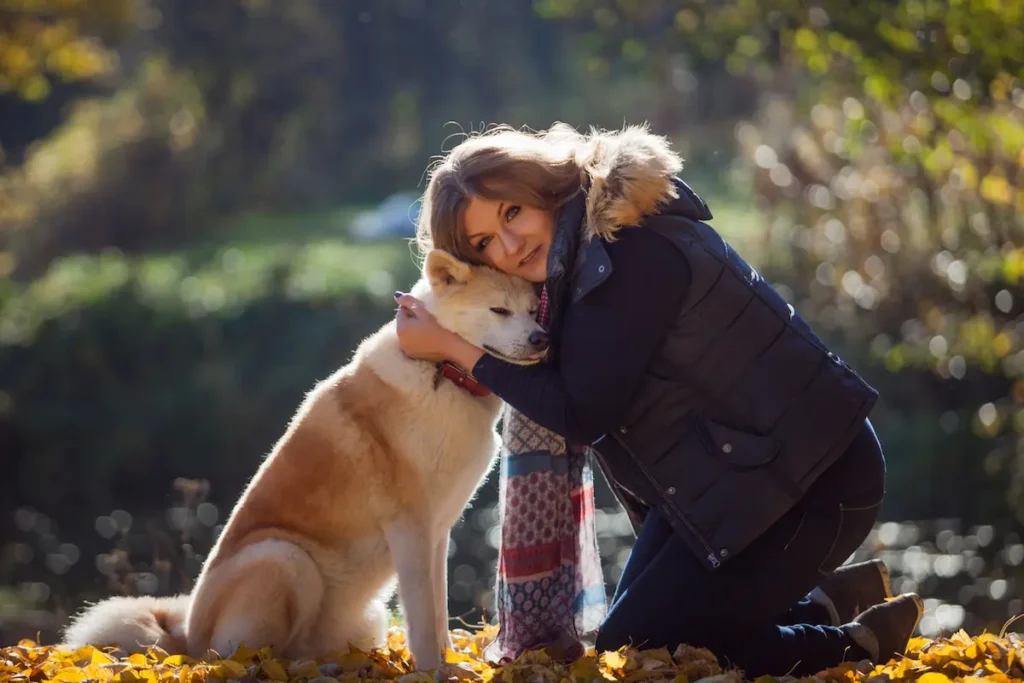 Woman hugging a large dog in a sunny park, surrounded by autumn leaves.